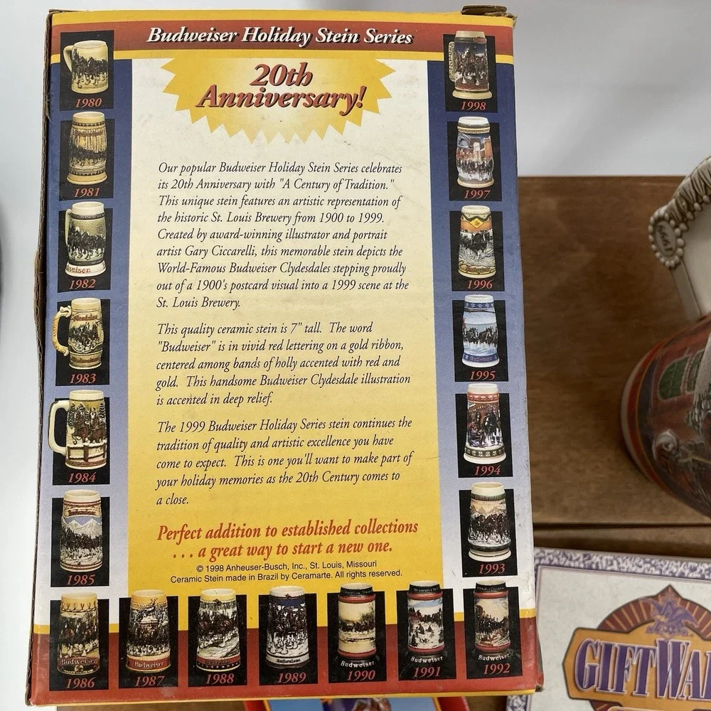 Budweiser 1999 Holiday Stein Mug 20th Anniversary Clydesdales Box‎ And COA